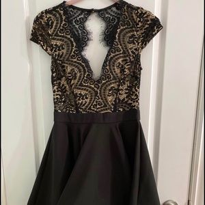 Honey Black Cap Sleeve Lace Top Full Skirt Dress.